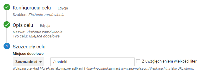 Szczegóły celu Google Analytics