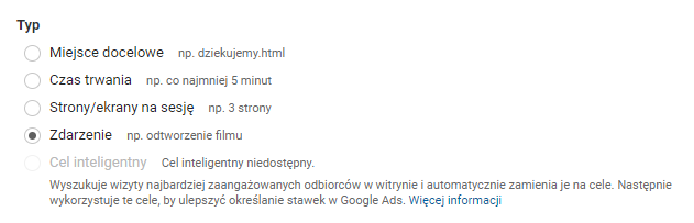 Wybór typu celu Google Analytics